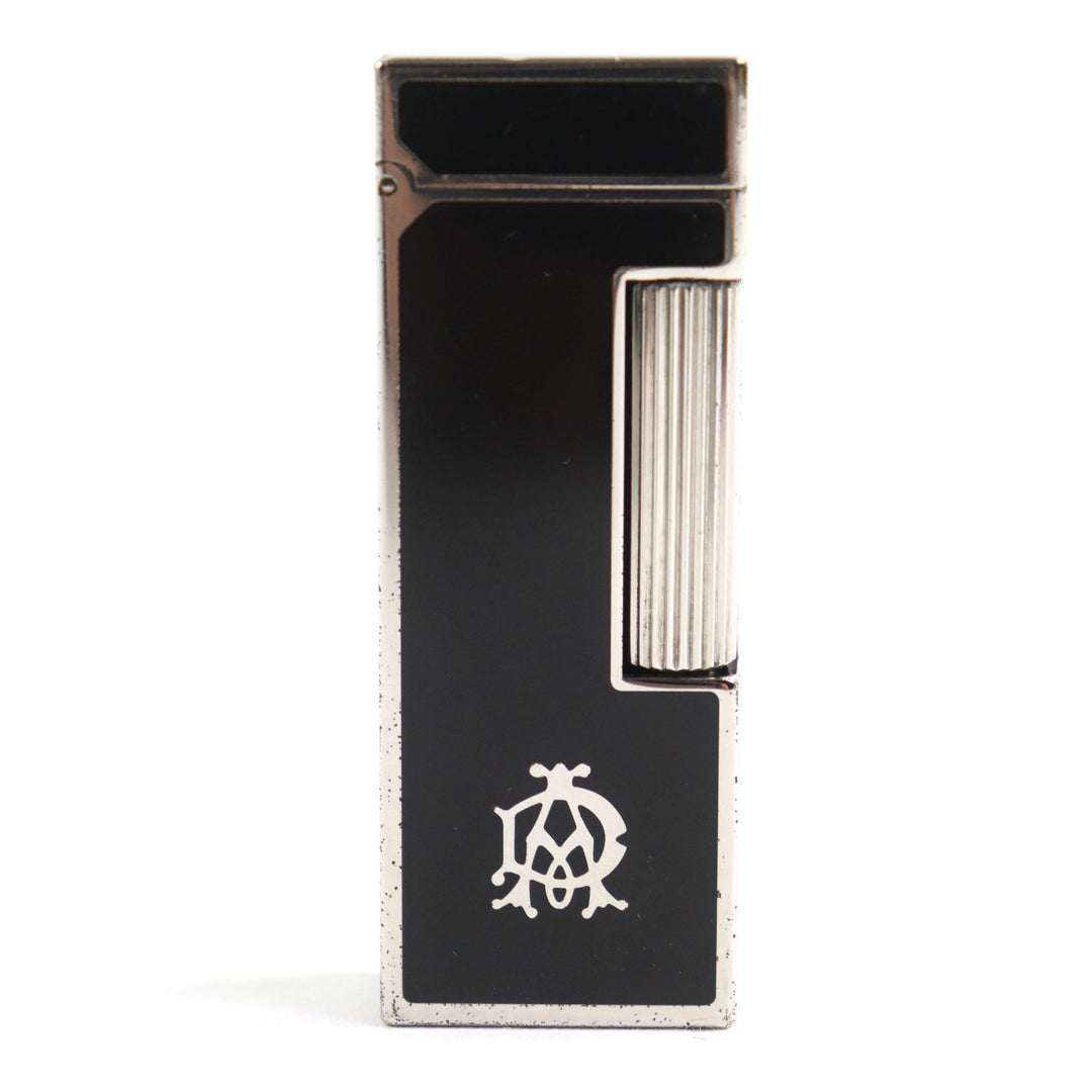 良品○Dunhill ダンヒル 新型 ロゴ入り サイド鏡面 ラッカー スクエアフォルム ローラー式 ガスライター ブラック シルバー 着火確認済