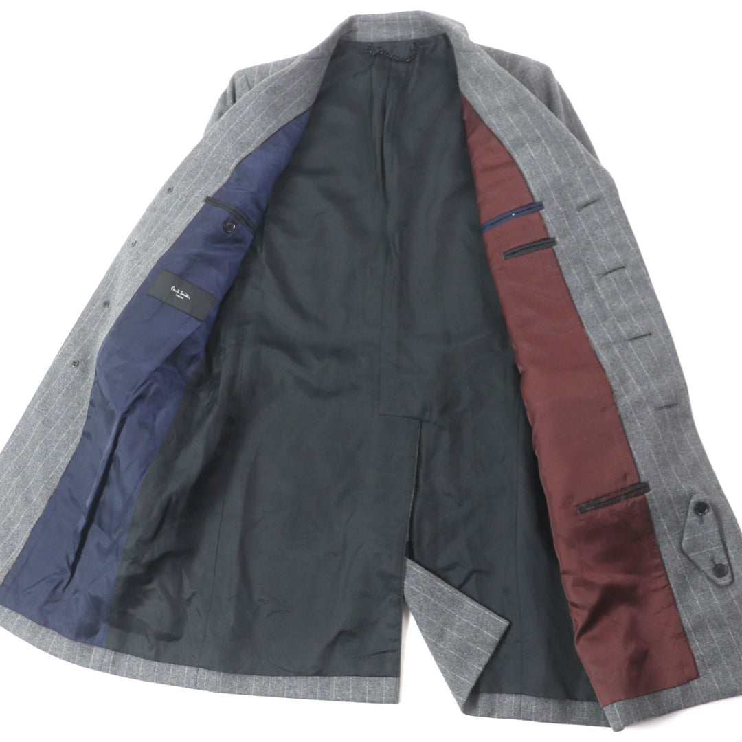 美品▼Paul Smith LONDON ポールスミスロンドン ウール100% ストライプ柄 ロゴ入りボタン シングル チェスターコート L 正規品 メンズ