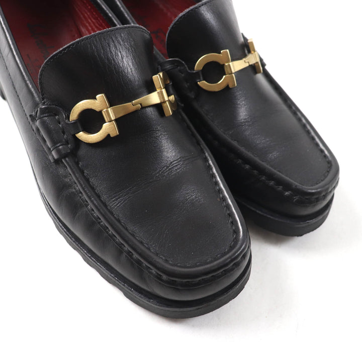 美品★Salvatore Ferragamo SPORT サルヴァトーレ フェラガモ スポーツ ダブルガンチーニ スクエアトゥ レザー ローファー ブラック 5.5