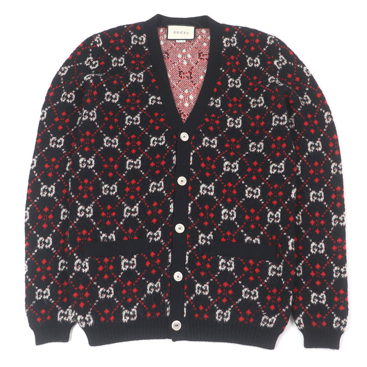 極美品□GUCCI グッチ 543497 アルパカ混 GGダイヤモンド アーガイル ニットカーディガン セーター ブラック S イタリア製 正規品 メンズ
