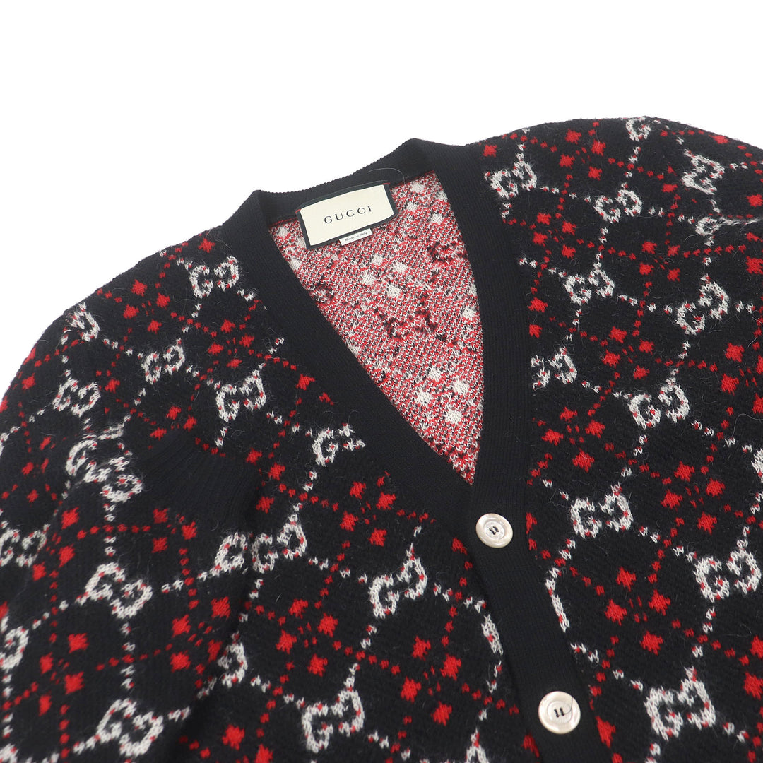 極美品□GUCCI グッチ 543497 アルパカ混 GGダイヤモンド アーガイル ニットカーディガン セーター ブラック S イタリア製 正規品 メンズ