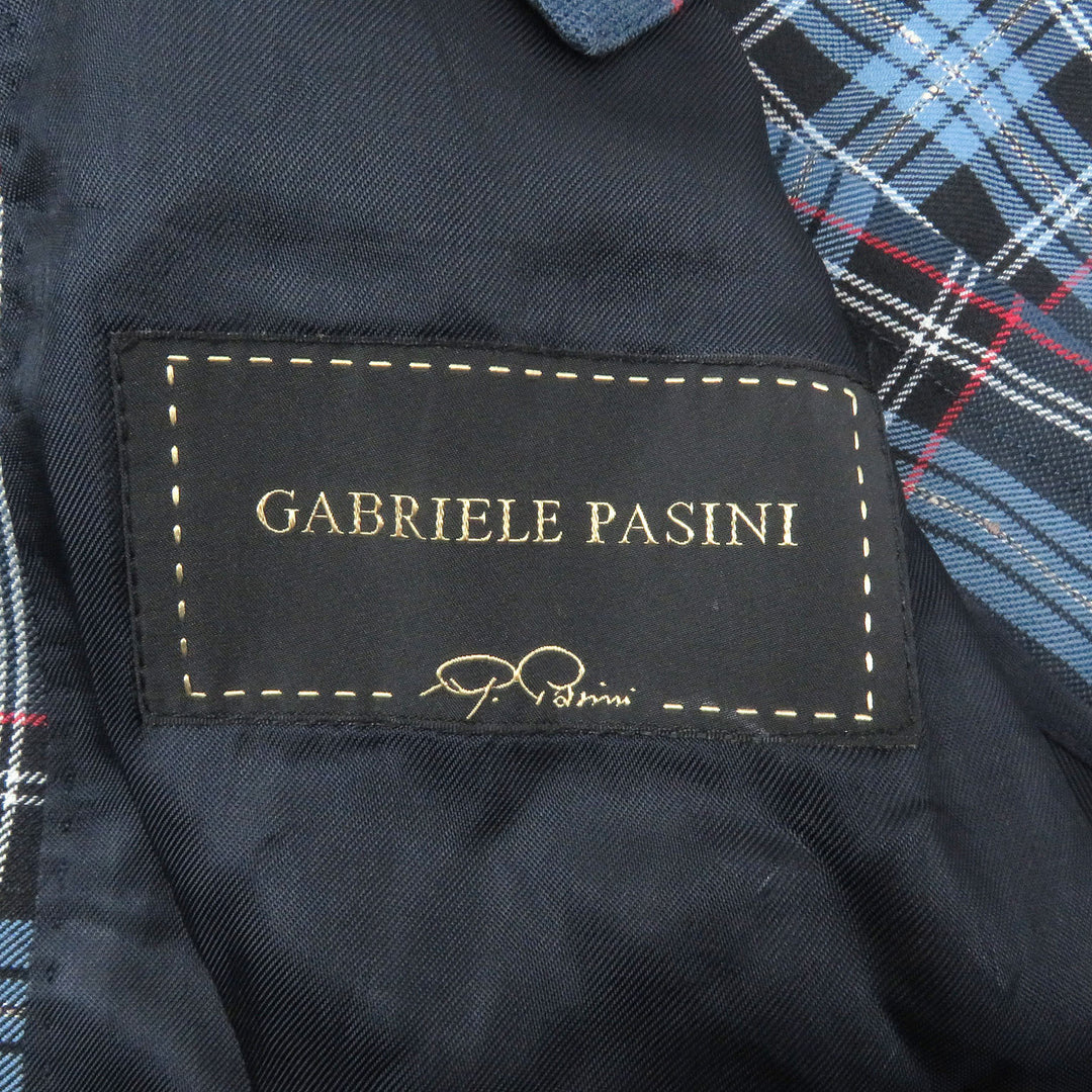 美品□Gabriele Pasini ガブリエレパジーニ リネン混 タータンチェック シングル ブレザー アンコンジャケット ブルー 44 伊製 正規品