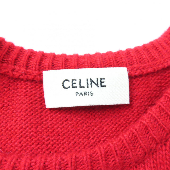 美品★CELINE セリーヌ 2A65P152I カシミヤ100％ サルキー刺繡 クルーネック 半袖 ニット セーター レッド XS 伊製 正規品 レディース