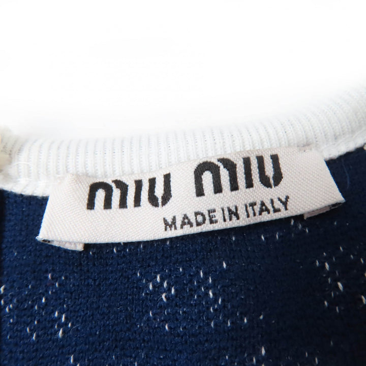 美品☆MIUMIU ミュウミュウ 2020年製 MJN277 1DVC ドット柄 クロップド丈 半袖 ニット ネイビー ホワイト XS 伊製 正規品 レディース