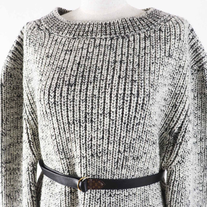 未使用品◎LOUIS VUITTON ルイヴィトン 23AW レザーベルト付き パッチ付き 長袖 ミックスニット／ワンピース ブラック ホワイト M 正規品