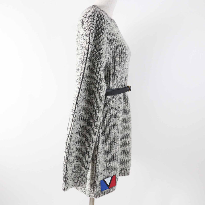 未使用品◎LOUIS VUITTON ルイヴィトン 23AW レザーベルト付き パッチ付き 長袖 ミックスニット／ワンピース ブラック ホワイト M 正規品