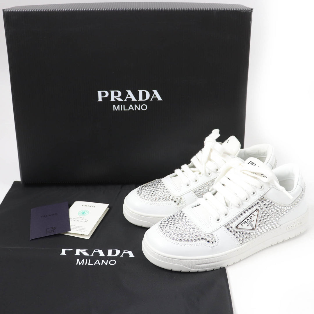 極美品☆PRADA プラダ 1E348N トライアングルロゴ クリスタル付 レザー スニーカー ホワイト 35.5 箱・保存袋付き イタリア製 レディース