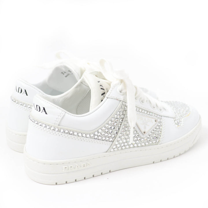 極美品☆PRADA プラダ 1E348N トライアングルロゴ クリスタル付 レザー スニーカー ホワイト 35.5 箱・保存袋付き イタリア製 レディース