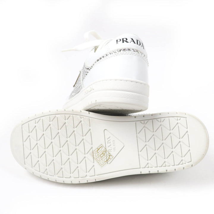 極美品☆PRADA プラダ 1E348N トライアングルロゴ クリスタル付 レザー スニーカー ホワイト 35.5 箱・保存袋付き イタリア製 レディース