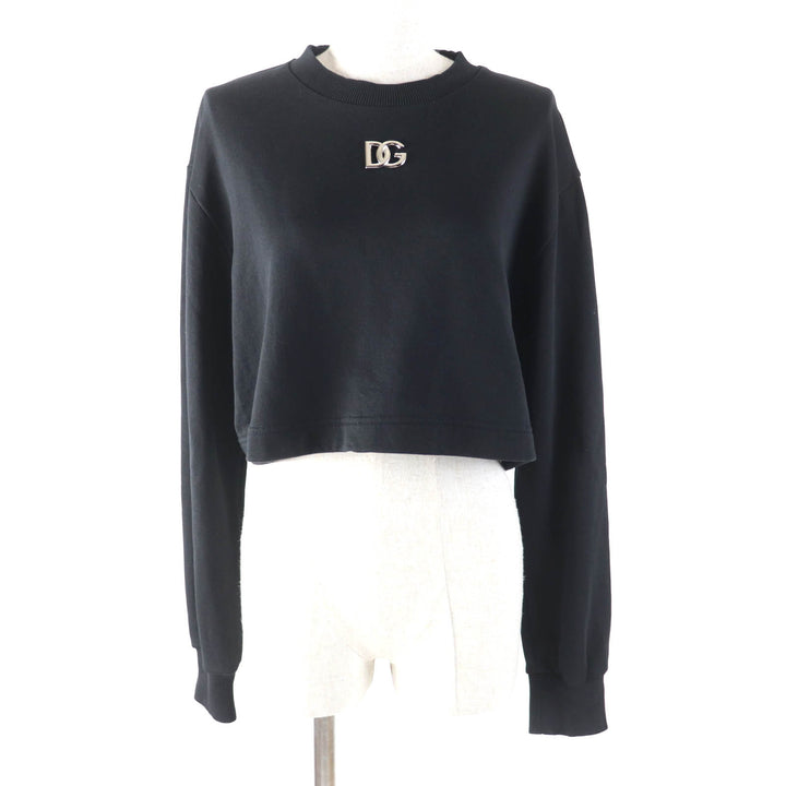 美品★DOLCE&amp;GABBANA ドルチェ＆ガッバーナ F9N80Z コットン100％ DGプレートロゴ クロップド スウェット トレーナー ブラック38 正規品