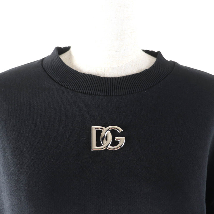 美品★DOLCE&amp;GABBANA ドルチェ＆ガッバーナ F9N80Z コットン100％ DGプレートロゴ クロップド スウェット トレーナー ブラック38 正規品