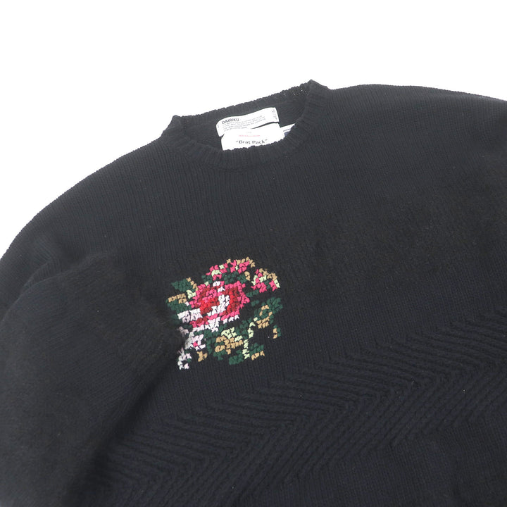 美品□DAIRIKU ダイリク 21AW Flower Cross Embroidery Border Knit モヘア ウール セーター ブラック XL～XXLサイズ相当 USA製 正規品