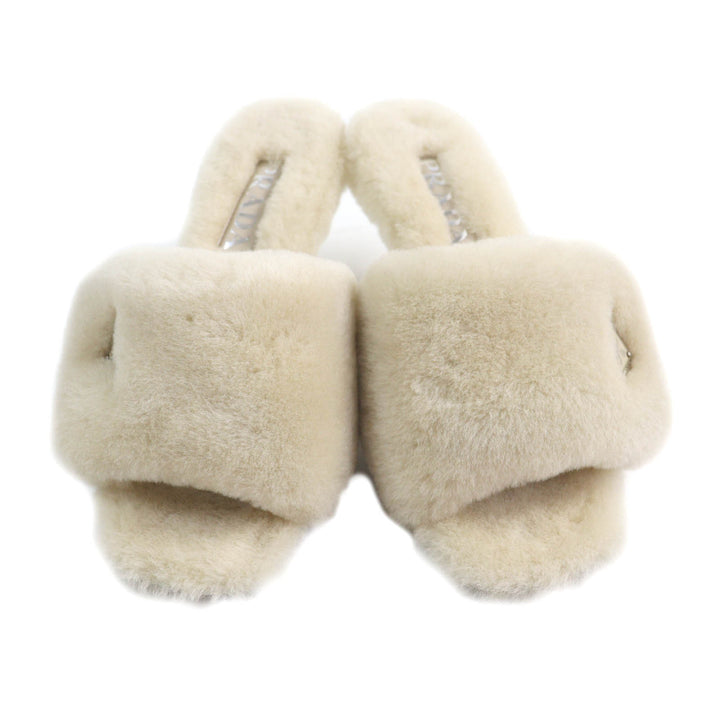 未使用品★PRADA プラダ 1XX654 トライアングルロゴプレート付 シープファー サンダル ベージュ 37 箱・保存袋付 イタリア製 レディース