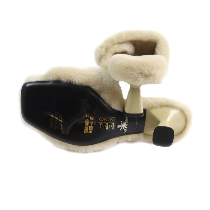 未使用品★PRADA プラダ 1XX654 トライアングルロゴプレート付 シープファー サンダル ベージュ 37 箱・保存袋付 イタリア製 レディース