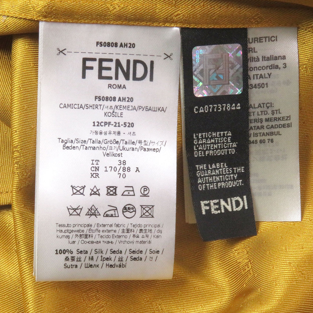 極美品□FENDI フェンディ 2021年製 FS0808 シルク100％ ロゴ総柄 ズッカ フライフロント 長袖シャツ イエロー 38 イタリア製 正規品