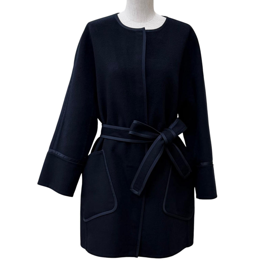 美品★Loro Piana ロロピアーナ カシミヤ100％ ベルト付 比翼仕立て ノーカラー コート ネイビー L イタリア製 正規品 レディース