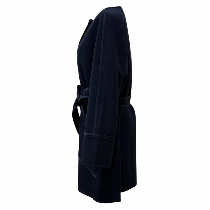 美品★Loro Piana ロロピアーナ カシミヤ100％ ベルト付 比翼仕立て ノーカラー コート ネイビー L イタリア製 正規品 レディース