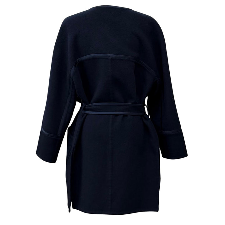 美品★Loro Piana ロロピアーナ カシミヤ100％ ベルト付 比翼仕立て ノーカラー コート ネイビー L イタリア製 正規品 レディース