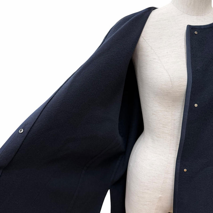 美品★Loro Piana ロロピアーナ カシミヤ100％ ベルト付 比翼仕立て ノーカラー コート ネイビー L イタリア製 正規品 レディース