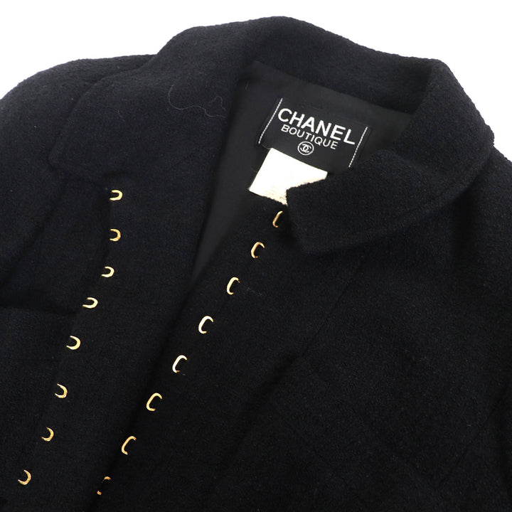 美品△CHANEL シャネル ヴィンテージ 96A P08101 ココマークボタン ベルト付き ウールツイード ショート ジャケット ブラック 36 正規品