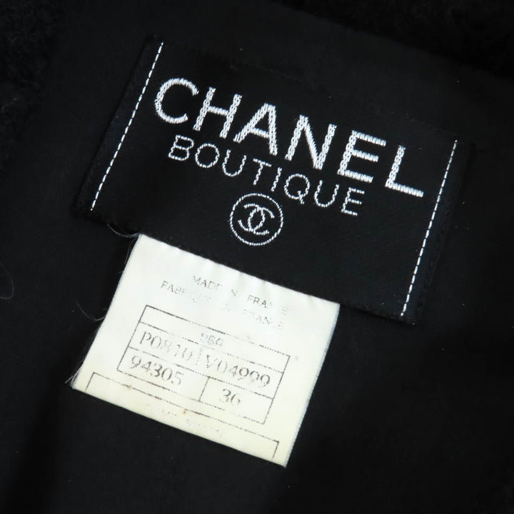 美品△CHANEL シャネル ヴィンテージ 96A P08101 ココマークボタン ベルト付き ウールツイード ショート ジャケット ブラック 36 正規品