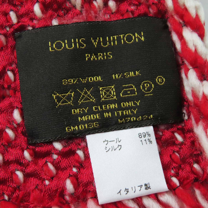 良品◎LOUIS VUITTON ルイヴィトン M70424 エシャルプ ロゴマニア ミックス シルク混 フリンジ付 マフラー レッド ホワイト 伊製 正規品