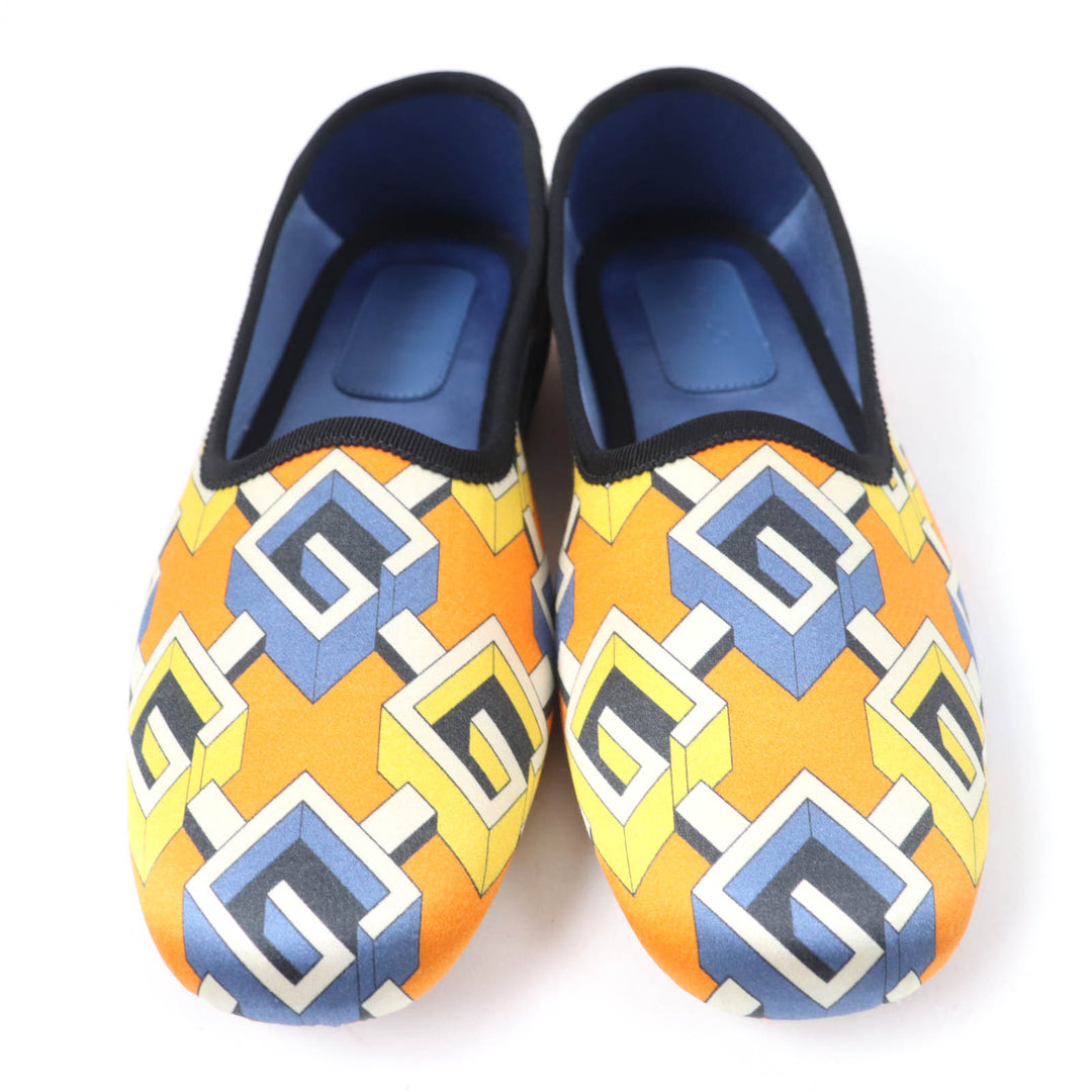 未使用品☆GUCCI グッチ ジオメトリックG ロゴ総柄 サテン ルームシューズ オレンジ系 37 箱・保存袋付き イタリア製 レディース