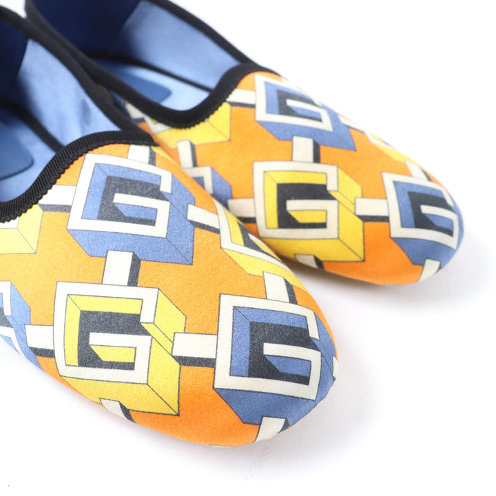 未使用品☆GUCCI グッチ ジオメトリックG ロゴ総柄 サテン ルームシューズ オレンジ系 37 箱・保存袋付き イタリア製 レディース