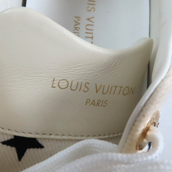 美品★LOUIS VUITTON ルイヴィトン 2022年製 タイムアウト・ライン モノグラムレザー使い スター キャンバス スニーカー ホワイト 35