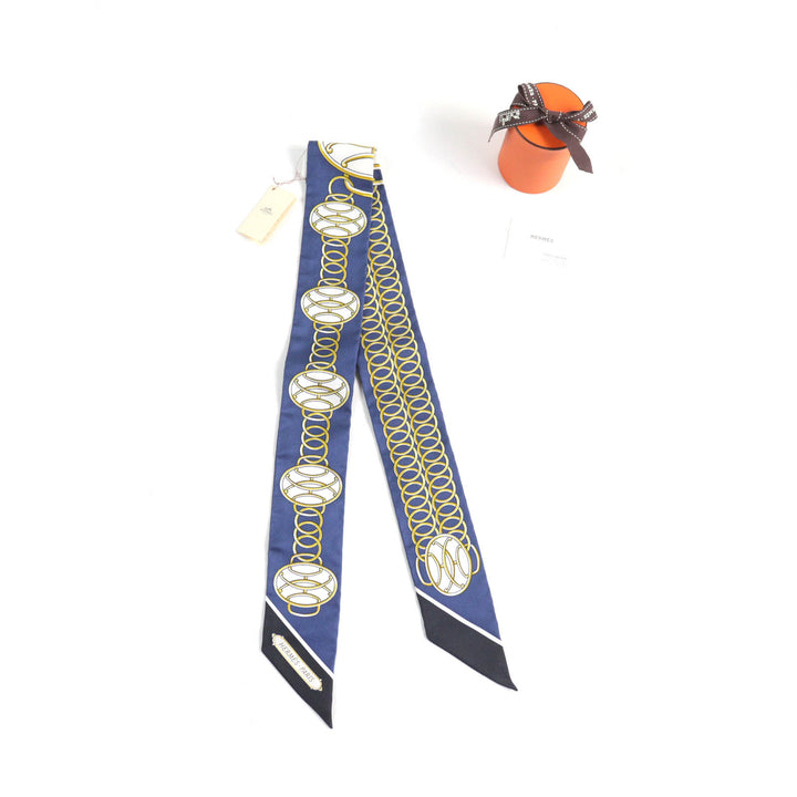 極美品★HERMES エルメス ツイリー Lift Profile リフト プロフィール シルク100％ MARINE/NOIR/GOLD スカーフ 箱付き 仏製 レディース
