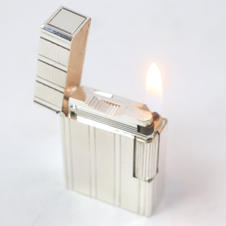 極美品□Dupont デュポン ライン1 ショート ストライプ柄 スクエア ローラー式 喫煙具 ガスライター シルバー フランス製 着火確認済み