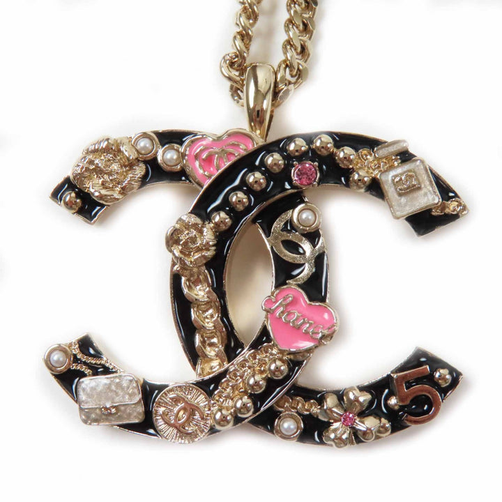 極美品◎CHANEL シャネル B24P ABD325 カメリア 香水 バッグ アイコンデザイン ラージココマーク ネックレス ブラック ゴールド 箱付き