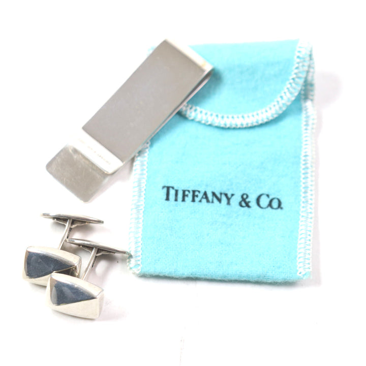美品▼TIFFANY&amp;Co. ティファニー ロゴ刻印 マネークリップ カフスボタン カフリンクス 2点セット 925 シルバー 袋付 総重量31.48g メンズ