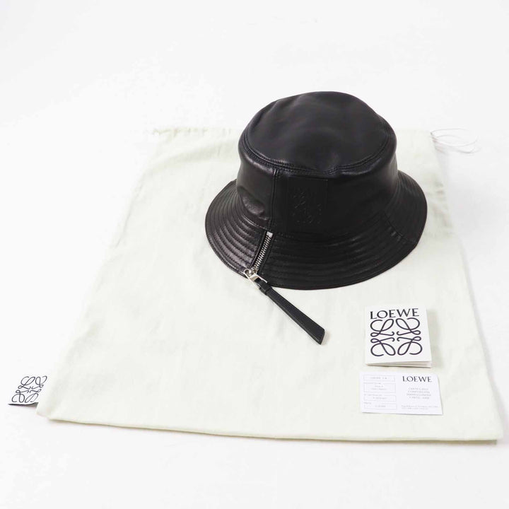 未使用品◎LOEWE ロエベ アナグラムレザーパッチ付き ラムレザー ハット 帽子 ブラック シルバー金具 59 保存袋付き ポルトガル製 正規品