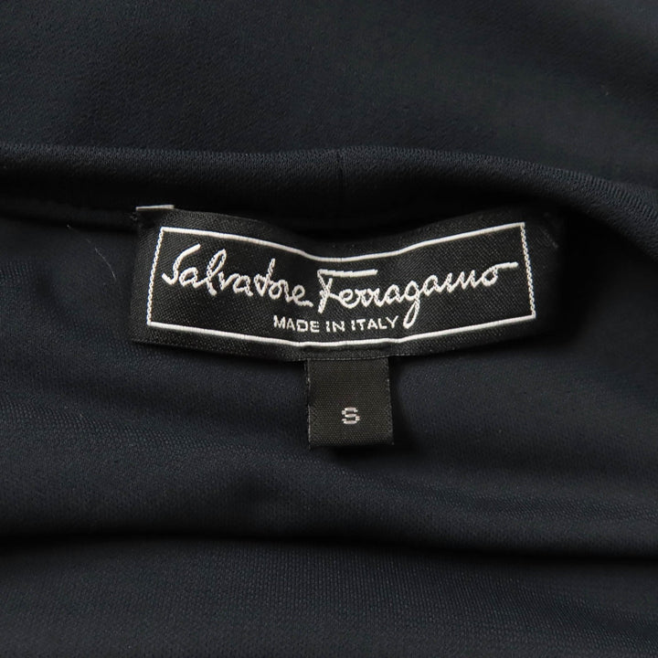 美品★Salvatore Ferragamo サルヴァトーレフェラガモ 袖シルクプリーツ切替 半袖 トップス ネイビー S イタリア製 正規品 レディース