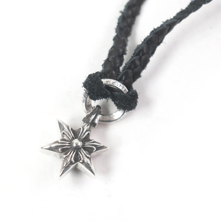 美品□CHROME HEARTS クロムハーツ タイニーレザー ブレード スクロール 6ポイントスター ネックレス SV925 黒 シルバー 重量22.1g
