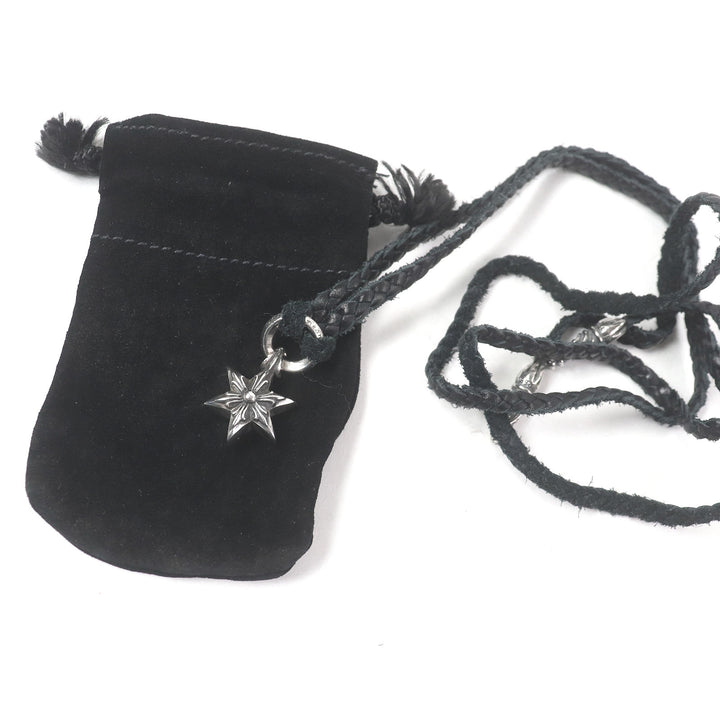 美品□CHROME HEARTS クロムハーツ タイニーレザー ブレード スクロール 6ポイントスター ネックレス SV925 黒 シルバー 重量22.1g