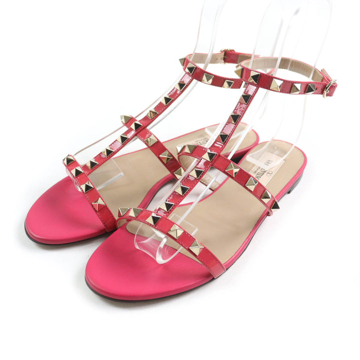 極美品★Valentino Garavani ヴァレンティノガラヴァーニ ロックスタッズ付 アンクルストラップ パテントレザー フラットサンダル ピンク