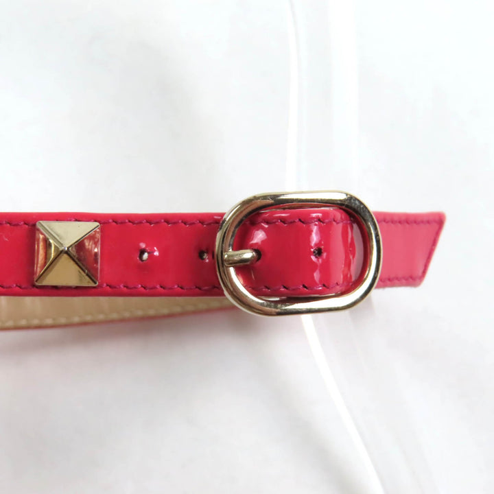 極美品★Valentino Garavani ヴァレンティノガラヴァーニ ロックスタッズ付 アンクルストラップ パテントレザー フラットサンダル ピンク