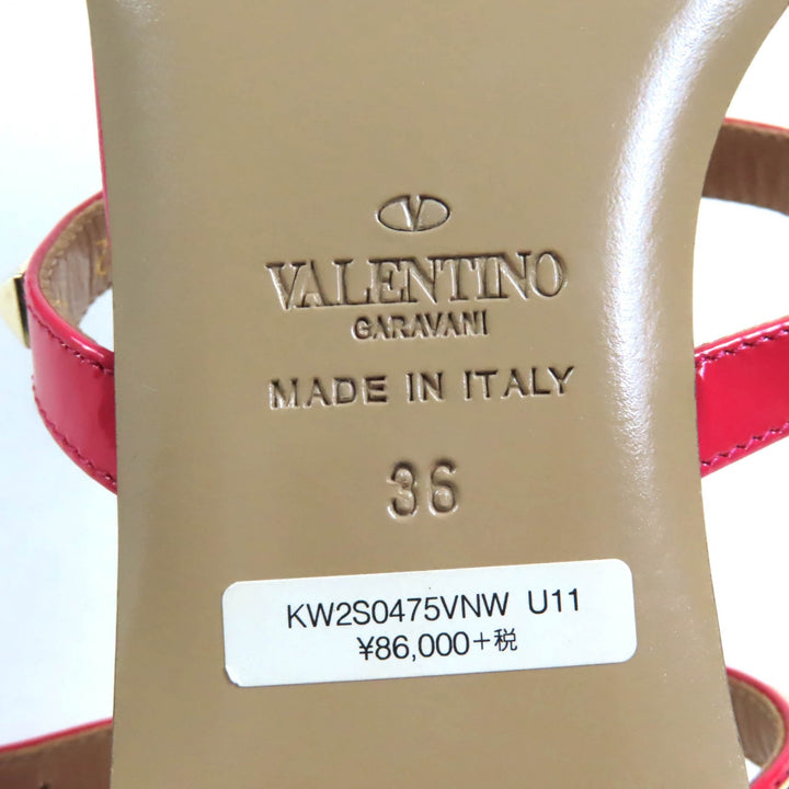 極美品★Valentino Garavani ヴァレンティノガラヴァーニ ロックスタッズ付 アンクルストラップ パテントレザー フラットサンダル ピンク