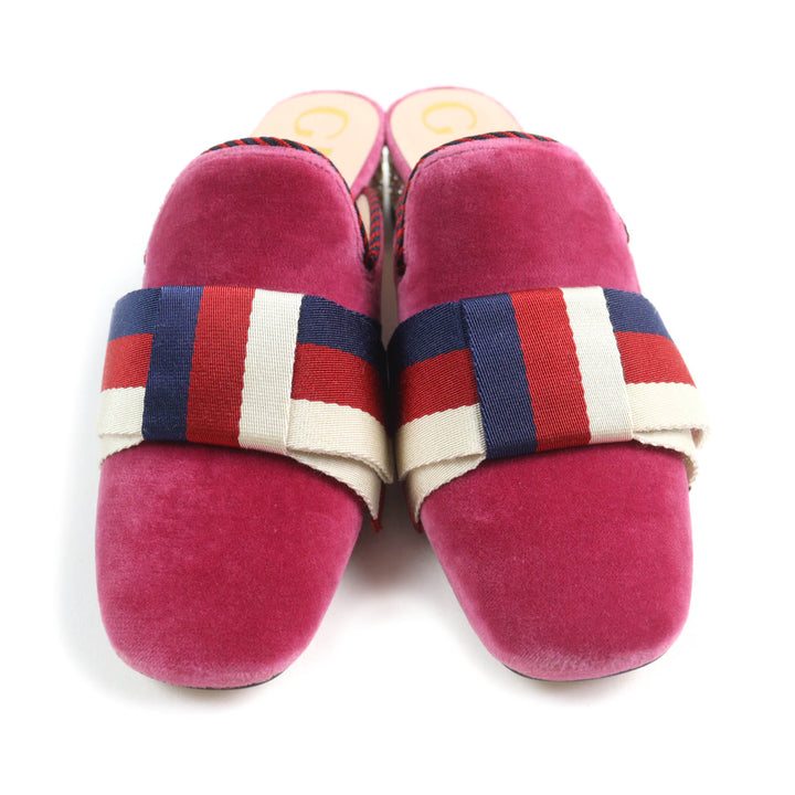 未使用品★GUCCI グッチ 496562 ウェブリボン ビジュー付 スクエアトゥ ベロア ミュール サンダル ピンク 35 箱・保存袋付き 伊製 正規品