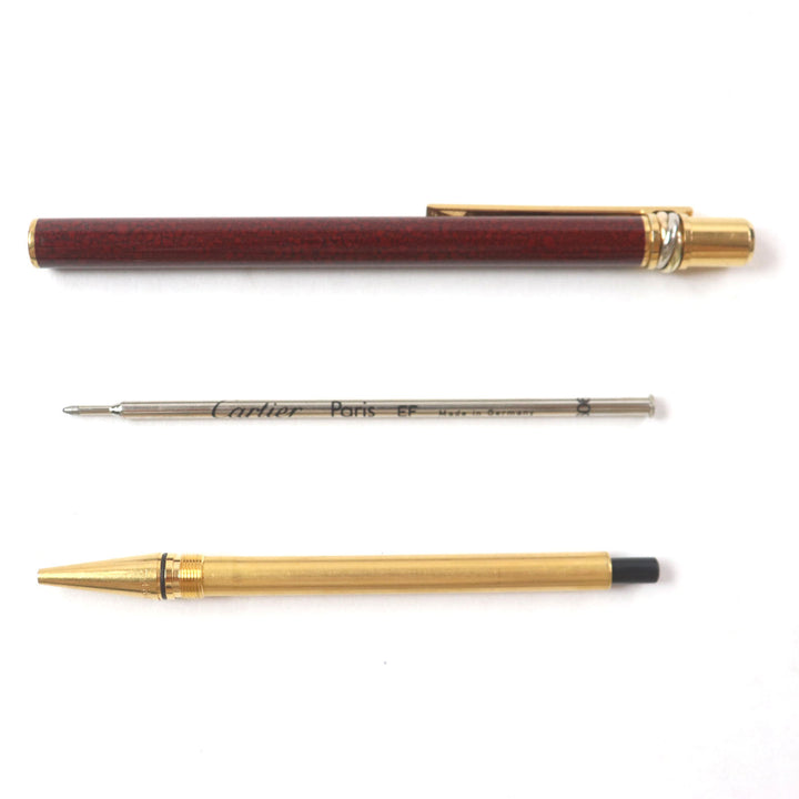 良品▼Cartier カルティエ トリニティ マーブル柄 ロゴ刻印入り ツイスト式 ボールペン ボルドー ゴールド フランス製 メンズ 筆記確認済