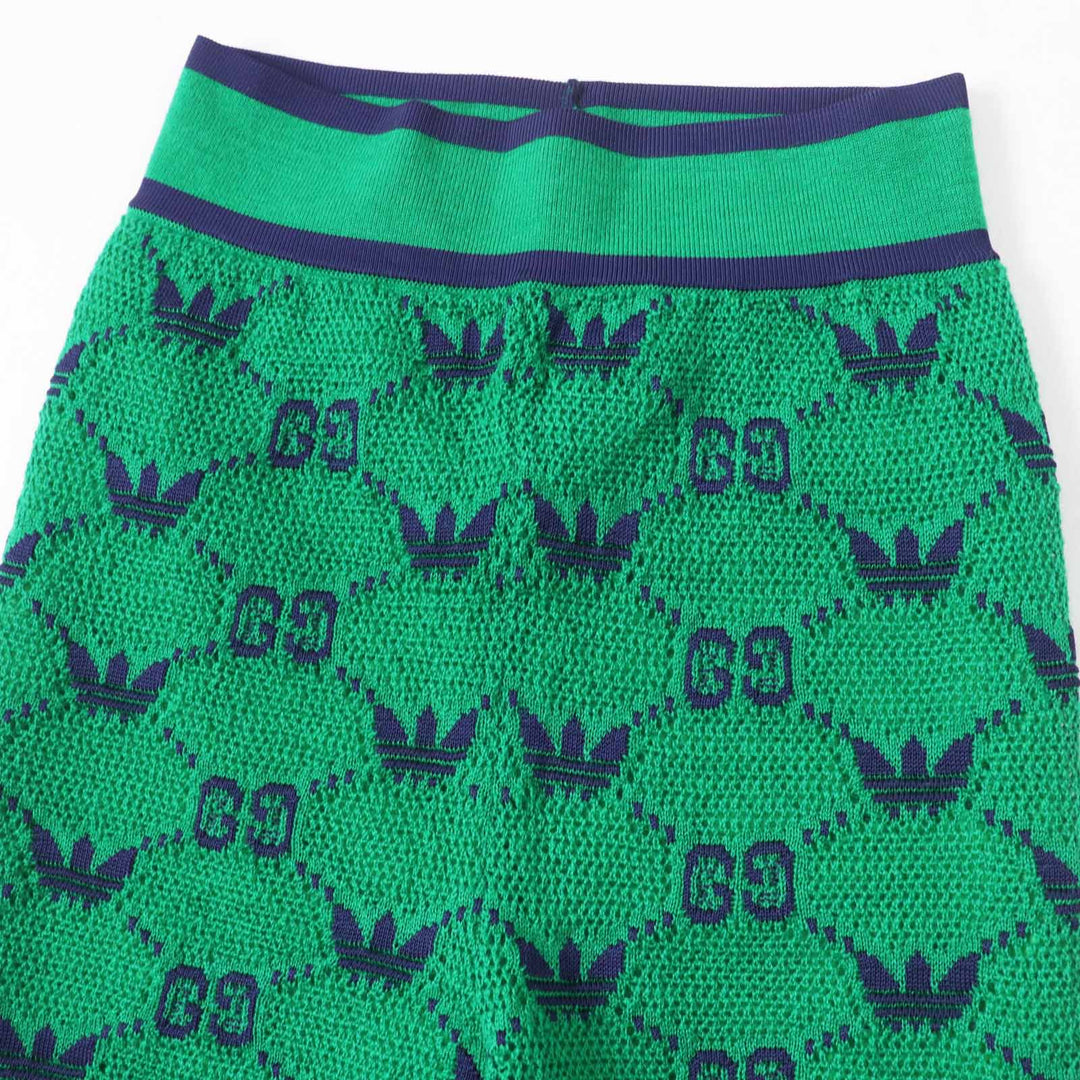 極美品◎GUCCI×adidas グッチ×アディダス 693830 GG トレフォイル ウールジャガードジョガーパンツ グリーン ブルー XS 伊製 正規品