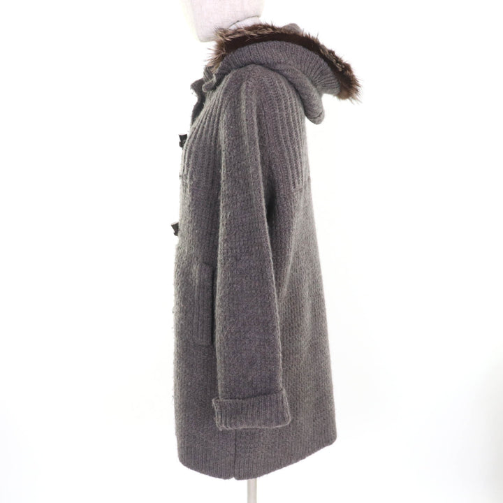 極美品★FOXEY フォクシー 34332 ウール100％ FOXファー・フード・トグルボタン付 ニット ダッフルコート ブラウン Mサイズ相当 正規品