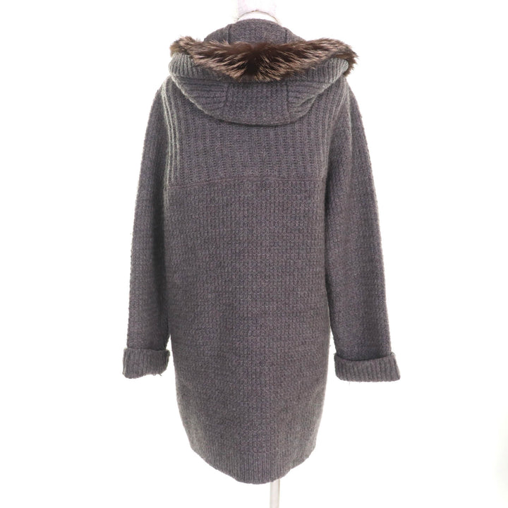 極美品★FOXEY フォクシー 34332 ウール100％ FOXファー・フード・トグルボタン付 ニット ダッフルコート ブラウン Mサイズ相当 正規品