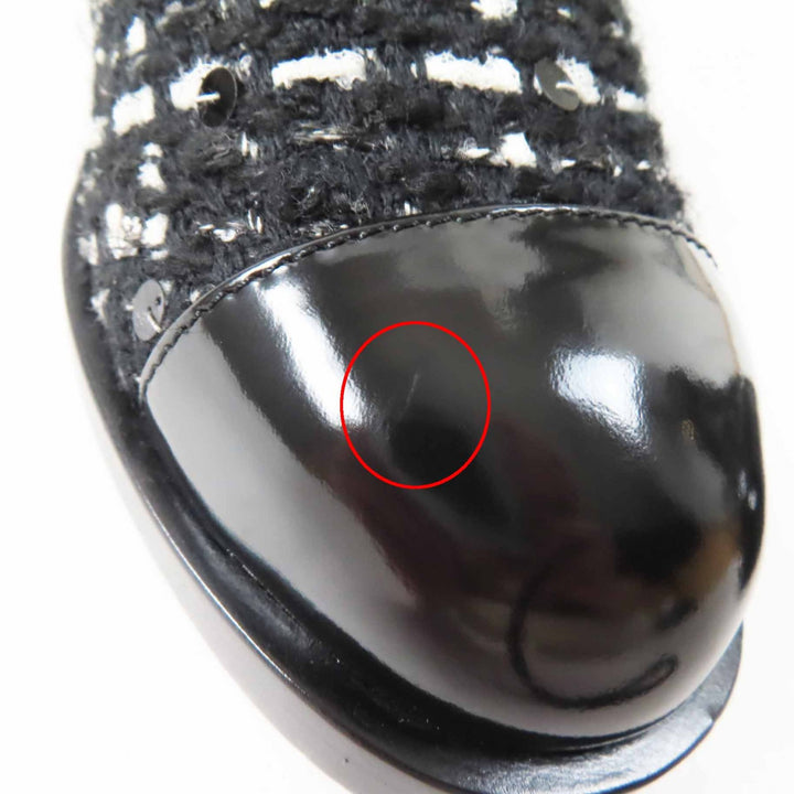 未使用品◎CHANEL シャネル G36763 ココマークターンロック スパンコール付き ツイード パテント ショートブーツ 黒 白 ゴールド金具 36
