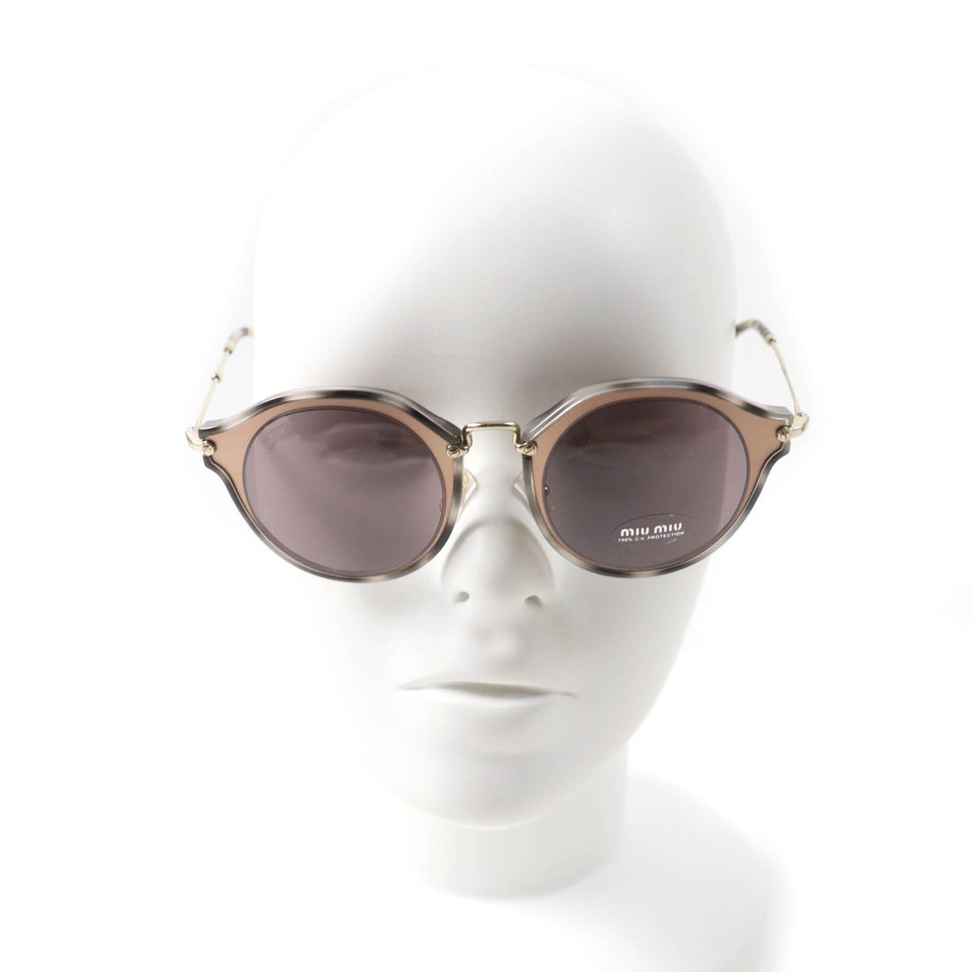 未使用品★Miu Miu ミュウ ミュウ SMU51S レオパード柄 ロゴ入り ウェリントン サングラス グレー 49□23 140 箱・保存袋・ケース付 伊製