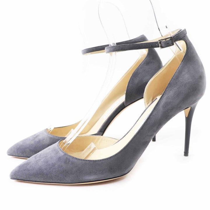 未使用品◎JIMMY CHOO ジミーチュウ LUCY85 アンクルストラップ付 ポインテッドトゥ スウェードレザー パンプス ダークグレー 38.5 箱・袋