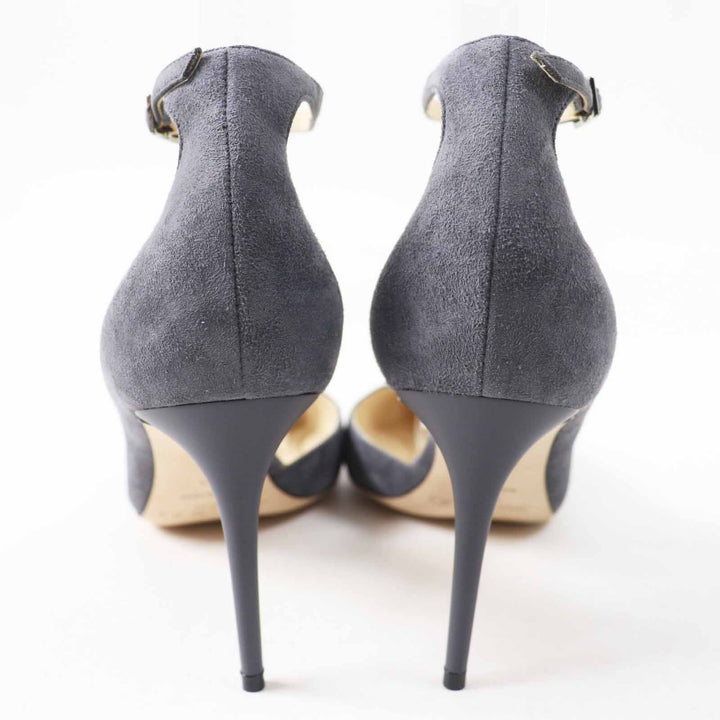 未使用品◎JIMMY CHOO ジミーチュウ LUCY85 アンクルストラップ付 ポインテッドトゥ スウェードレザー パンプス ダークグレー 38.5 箱・袋