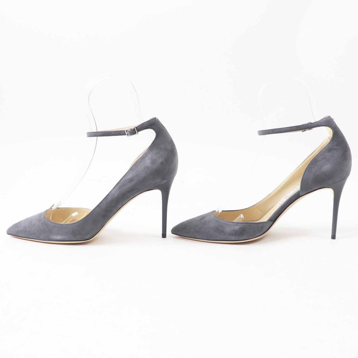 未使用品◎JIMMY CHOO ジミーチュウ LUCY85 アンクルストラップ付 ポインテッドトゥ スウェードレザー パンプス ダークグレー 38.5 箱・袋